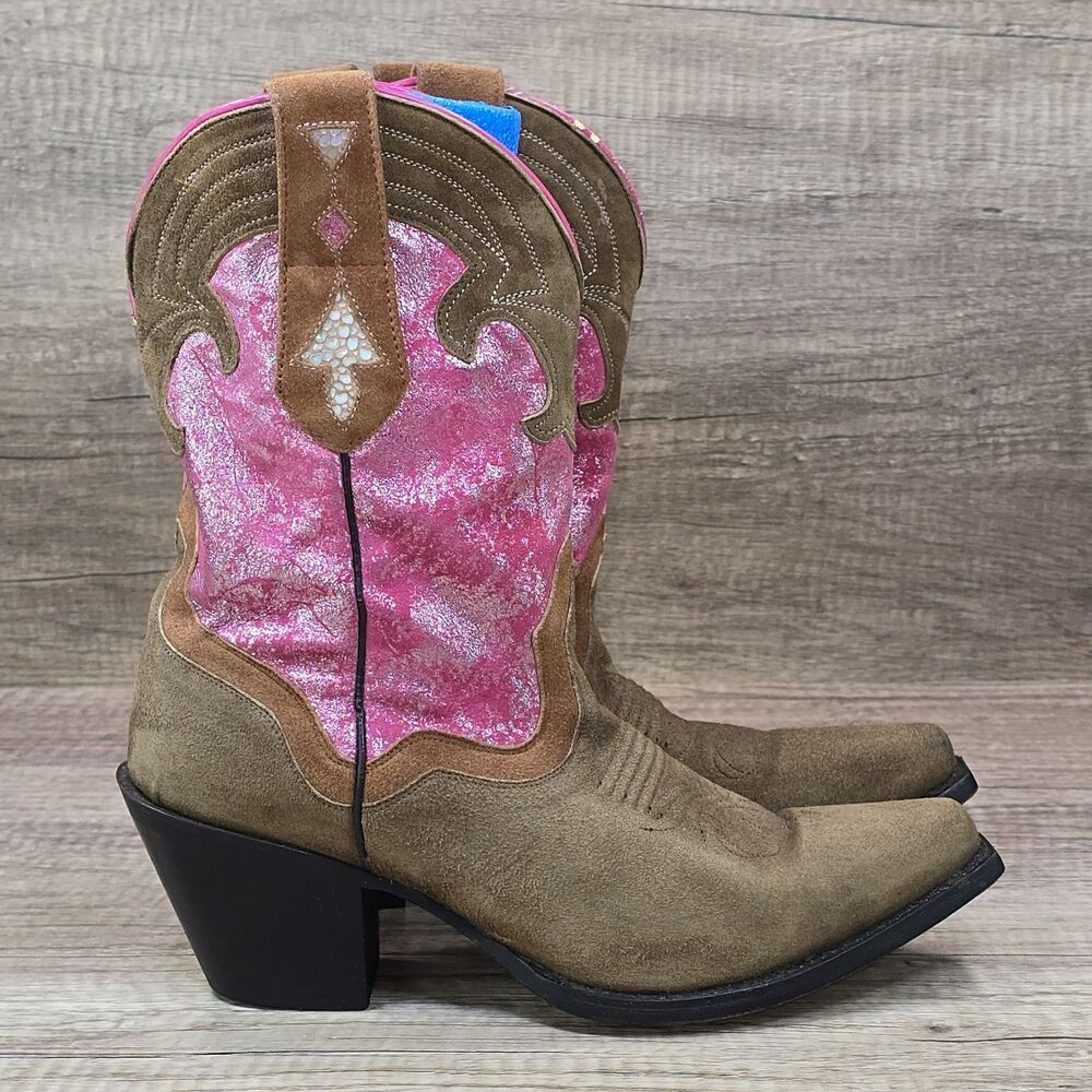 Sterling River Women's Size 9 B Brown Suede Shimmer Pink Western Cowgirl Boots